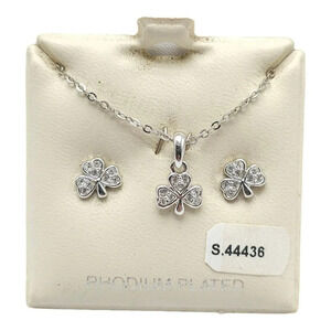 Solvar Clear Rhinestone Lucky Shamrock Rhodium Plated Necklace Earring Set